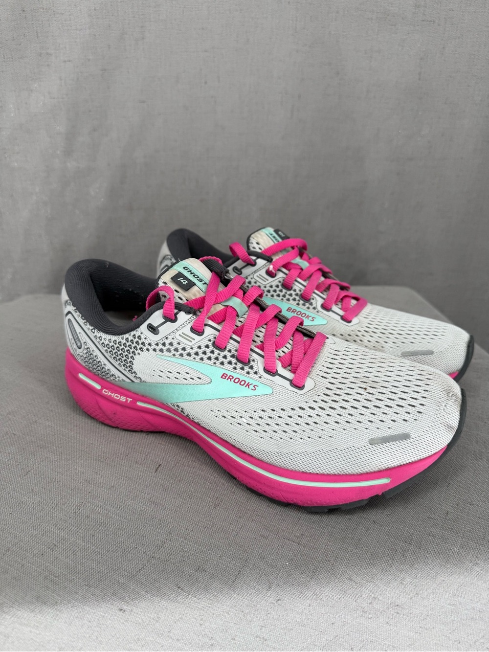 Brooks Womens Ghost 14 Gray Pink Green Running Shoes Sneakers Size 8.5B
